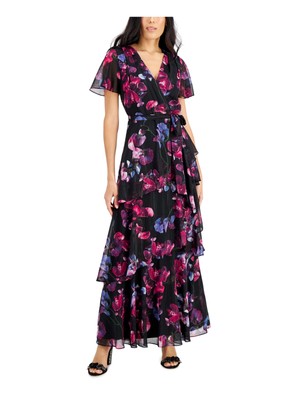 

SLNY Женское черное платье макси-футляр с поясом и поясом на подкладке с развевающимися рукавами, Черный