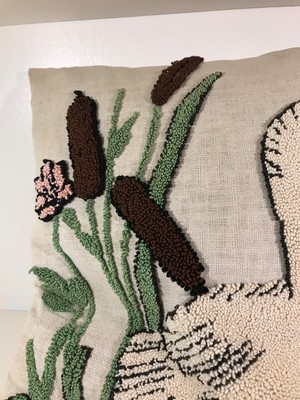 40s Swan Embroidered Pillow w/ cattails reeds NICE 13