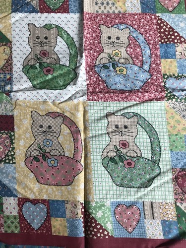 Little Quilt Panel Quilt Fabric Cat Kitten In Basket Cute W Pillow 100% Cotton