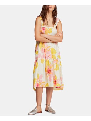

FREE PEOPLE Женское прямое платье миди цвета слоновой кости с оборками и цветочным принтом без рукавов с круглым вырезом, Цвет слоновой кости