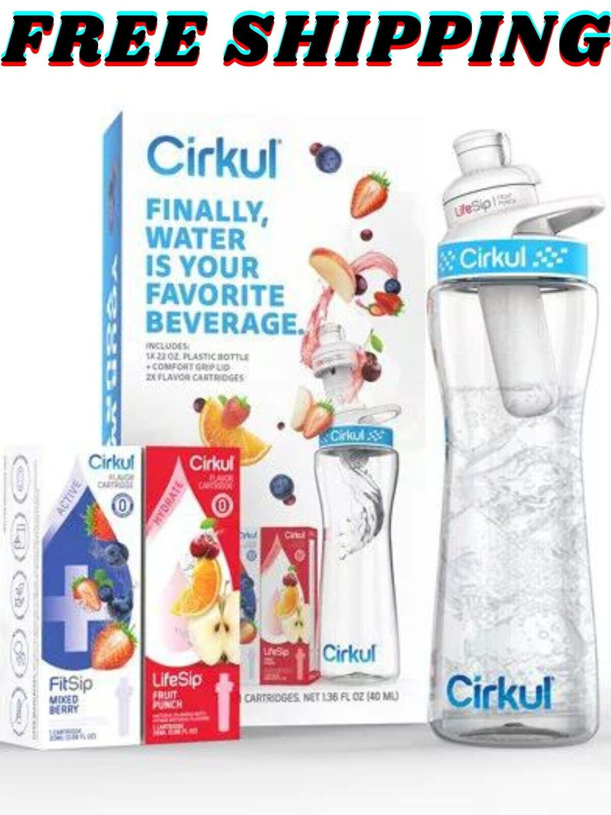 Cirkul 22oz Plastic Water Bottle Starter Kit with Blue Lid and 2 Flavor Cartridg