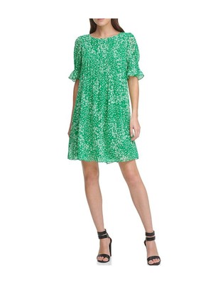 

Женское плиссированное платье DKNY с короткими рукавами и круглым вырезом выше колена, вечернее трапециевидное платье, Зеленый