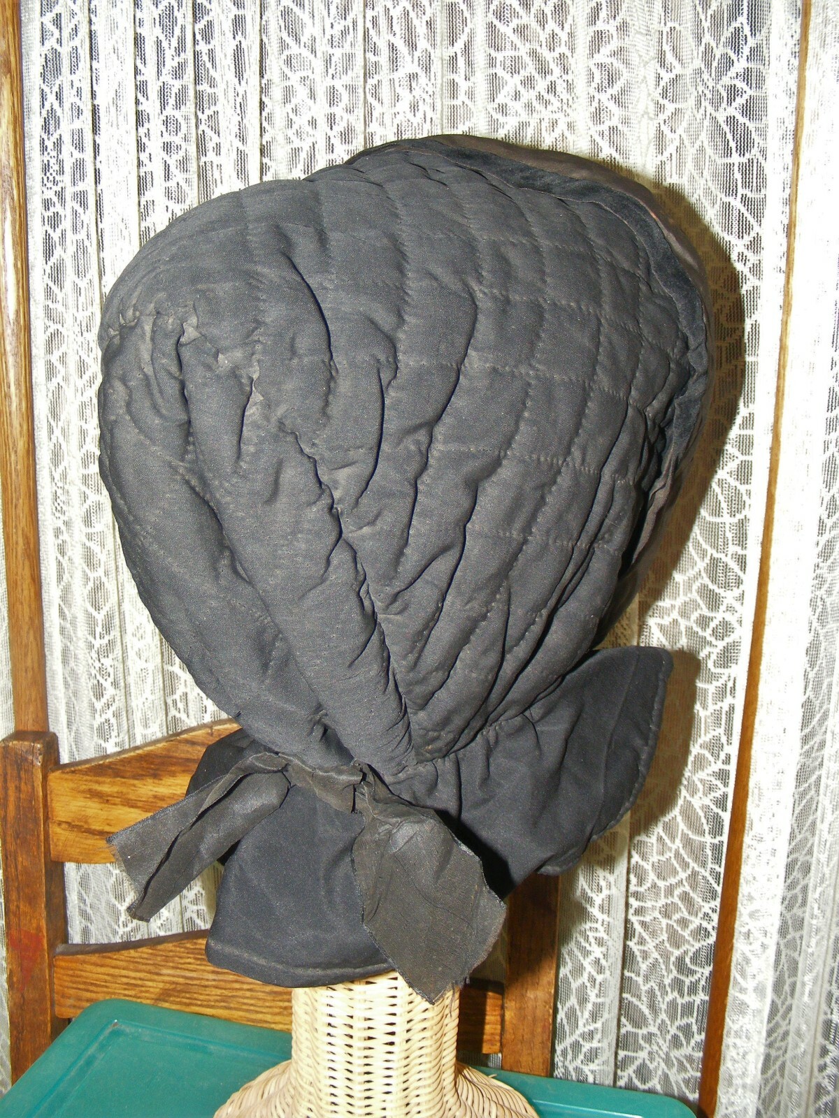 1850S VICTORIAN WINTER BONNET BLACK QUILTED HANDMADE WOOL & SILK AUTHENTIC HAT