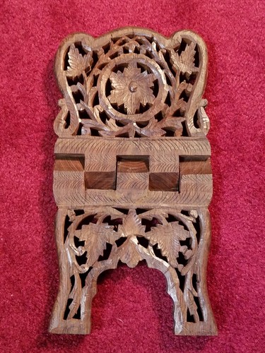 VINTAGE WOOD BOOK FOLDING STAND LEAF HAND CARVED INDIA SCROLL WORK BIBLE HOLDER