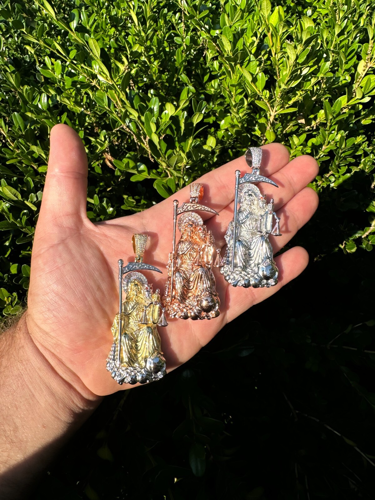 Pre-owned Harlembling Moissanite Santa Muerte Grim Reaper Pendant 925 Silver / 14k Gold Rose Necklace In White