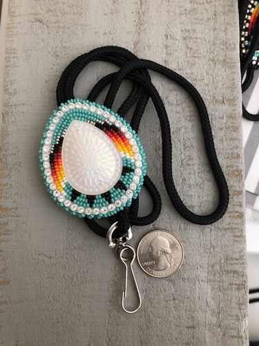 Native American Beaded Turquoise Green Tear Drop ID Badge Lanyard