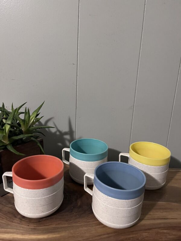 Vintage Mid Century Set of 4 Colorful Retro Cornish Therm-O Coffee Cups Mugs