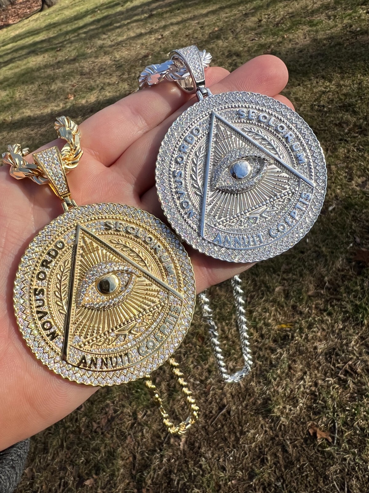 Pre-owned Harlembling Moissanite Huge 3" All Seeing Illuminati Eye Masonic Medallion Necklace Silver