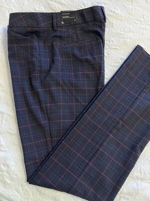 NWT Express Editor Barely Boot Navy Holiday Plaid Pants 8 Low Rise Straight Leg