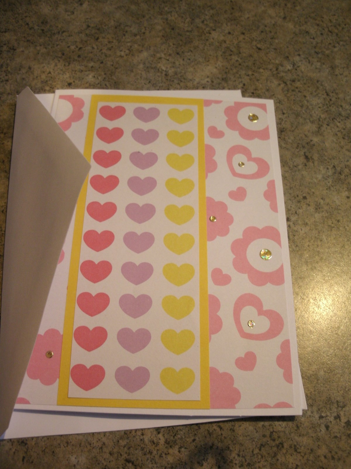 Pink hearts & flowers Handmade Card & Envelope, gold Jewel Dazzles, yellow trim