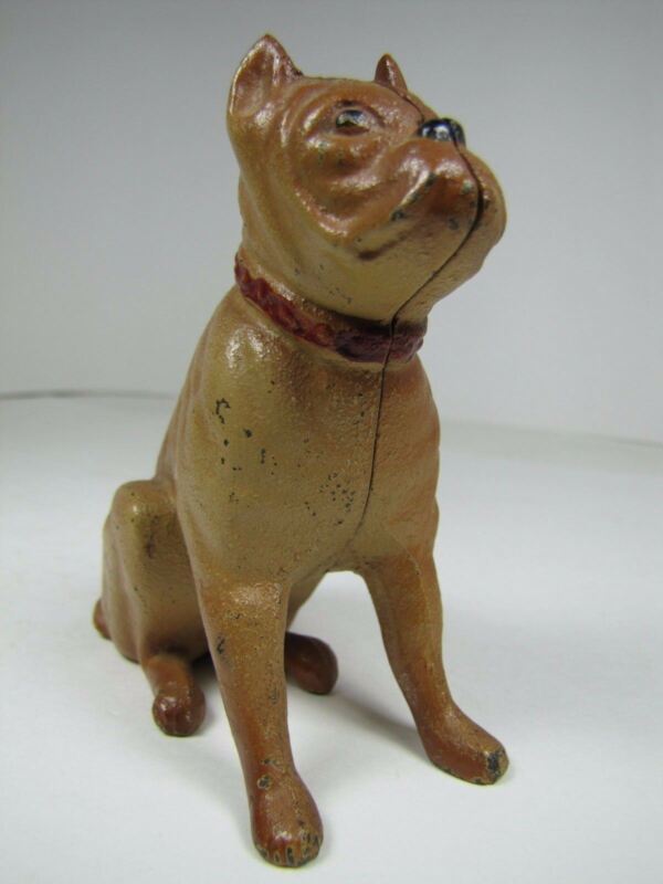 Cast Iron BOXER DOG BANK Original Paint Vintage Figural Still Piggy Childs Toy