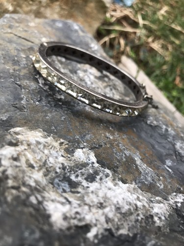 ART DECO BANGLE BRACELET CHANNEL SET CLEAR RHINESTONE STERLING SILVER VINTAGE