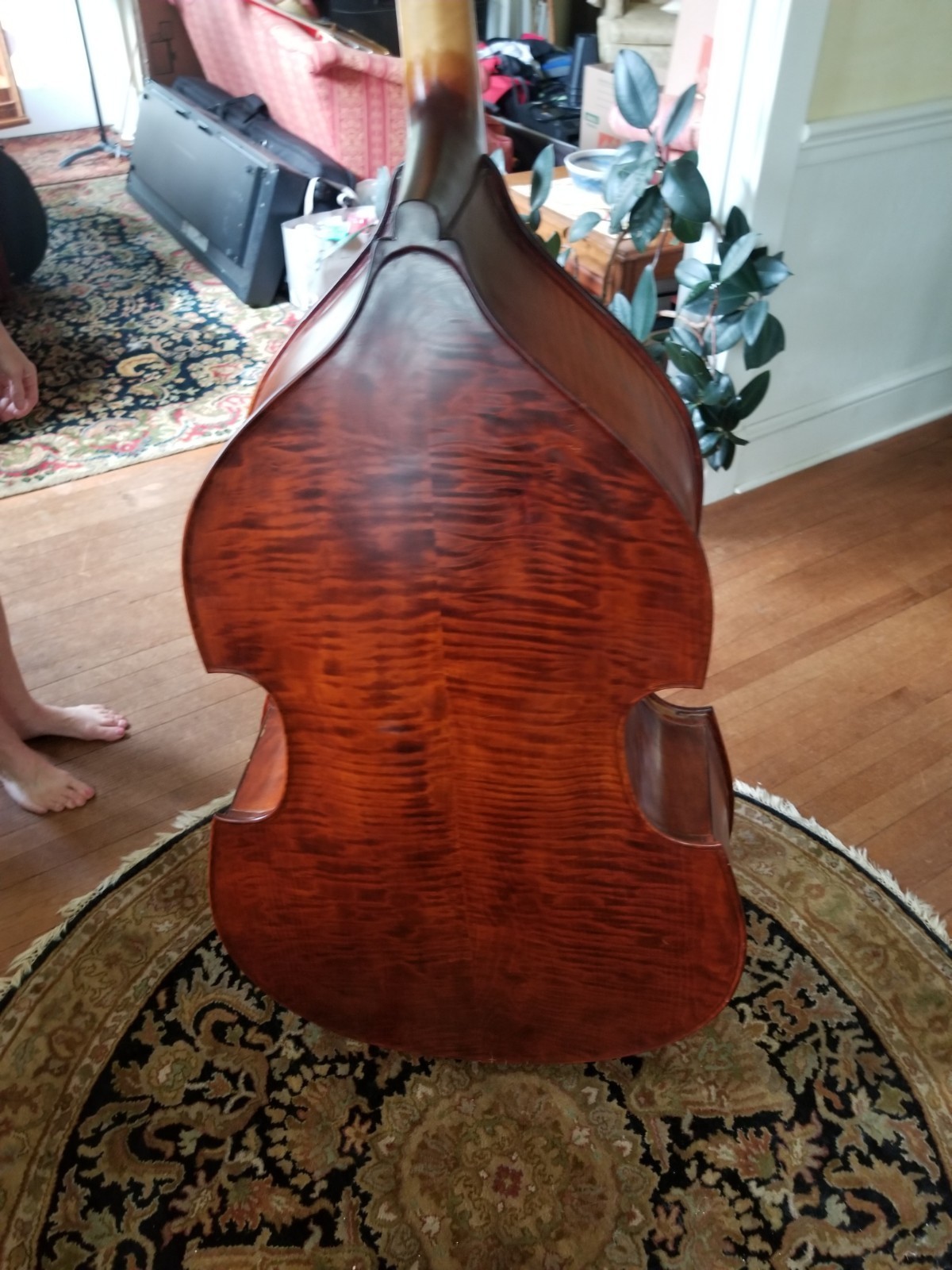 3/4 Solid Carved Upright Double Bass with Stand, Bow and Case