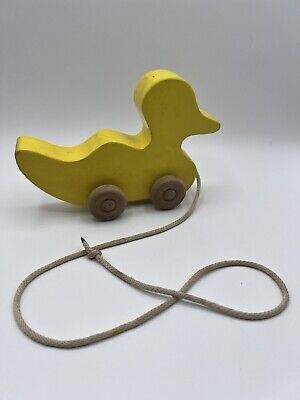 Vintage Children Handmade Wooden Yellow Duck Pull Toy - Original Kids