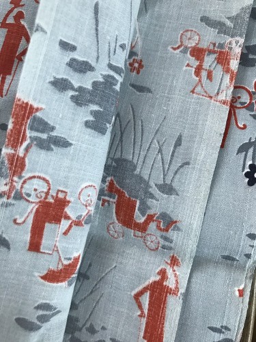 Vintage 1950's Mid Century 4 yards Gray Orange Man Woman Car Model T Fabric