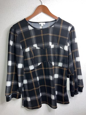 S.C. Society Women s Blouse, Size XL, 3/4 Sleeves, Black And Colored Plaid