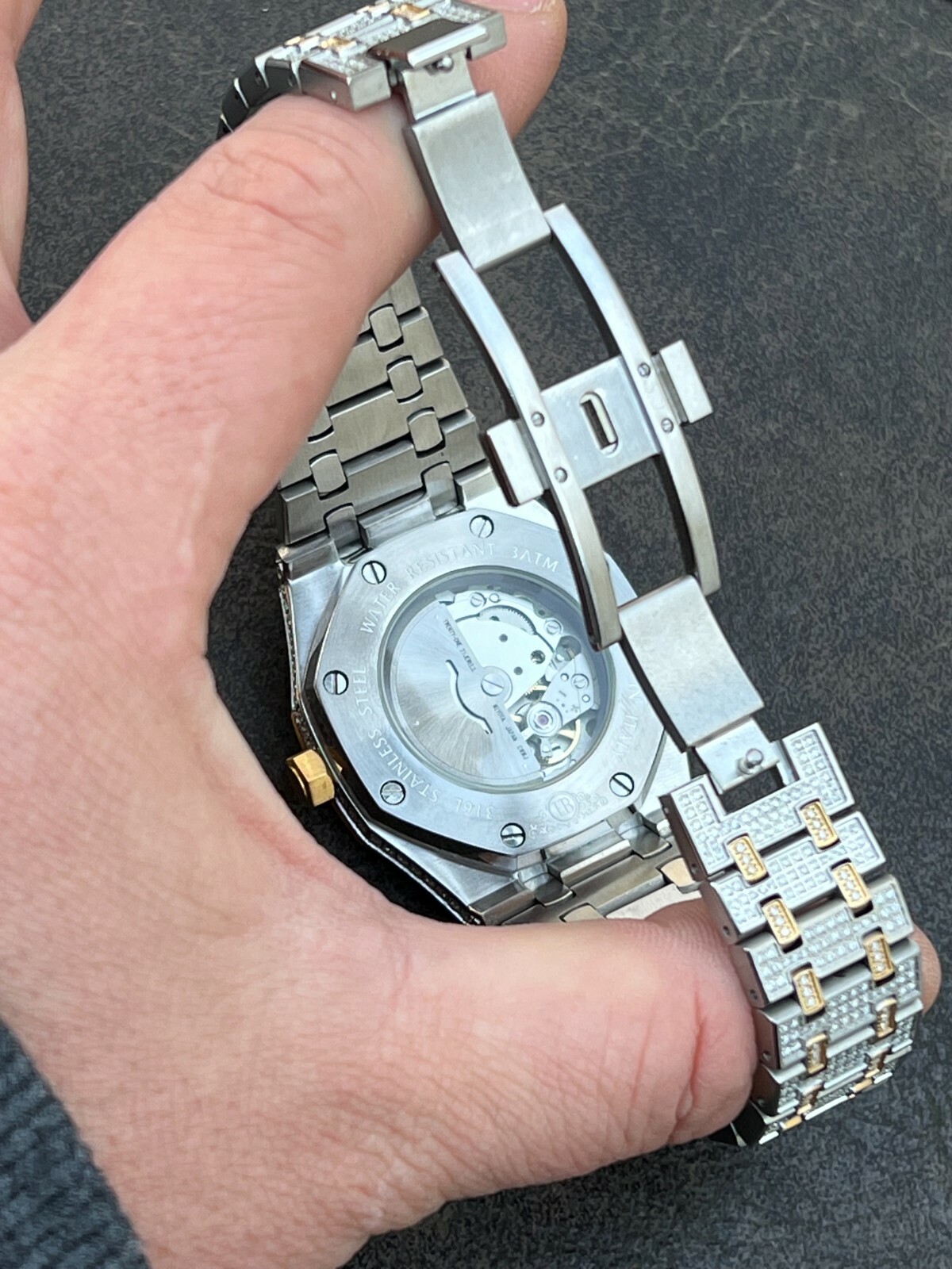 Pre-owned Hip Hop Real Mens Watch Iced Bust Down Skeleton Back Automatic Gold Two Tone 44mm Hiphop