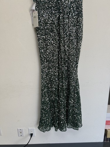 Pre-owned Mac Duggal Cap Sleeve Sequined High Slit V Neck Belted Gown Size 10 Green 5489