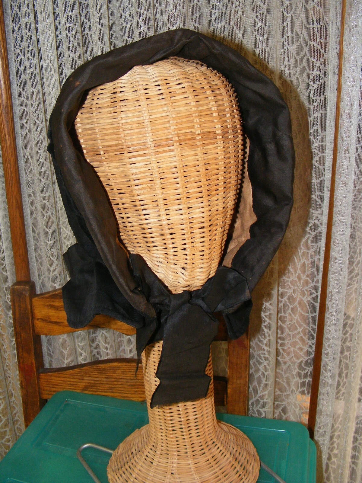 1850S VICTORIAN WINTER BONNET BLACK QUILTED HANDMADE WOOL & SILK AUTHENTIC HAT