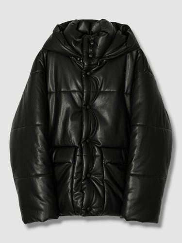 Pre-owned Nanushka $925  Men Black Faux Vegan Leather Hooded Puffer-coat Jacket Size L