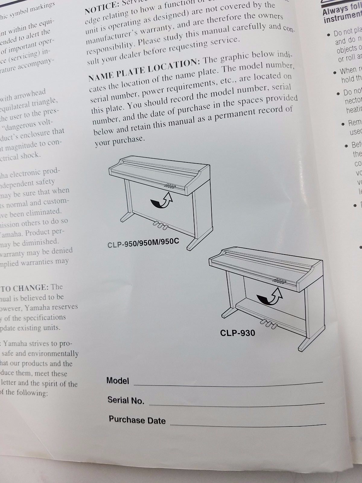 Yamaha CLAVINOVA Owner's Manual  CLP 950 950M 950C 930 4 Languages