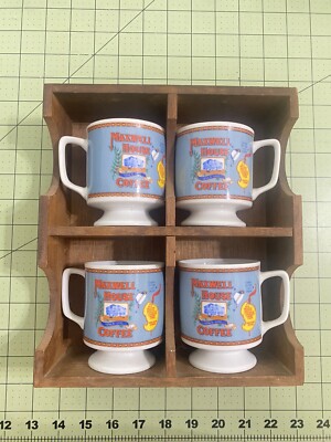 Vintage Maxwell House Coffee Cups Set Of Four In Old Wooden Shelf