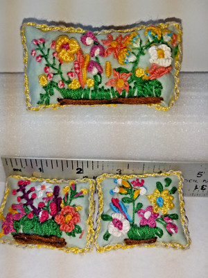 3 Pc Hand Embroidered Toss Pillows/Cushions 1:12 -1:6  Scale for Dollhouse - OOK