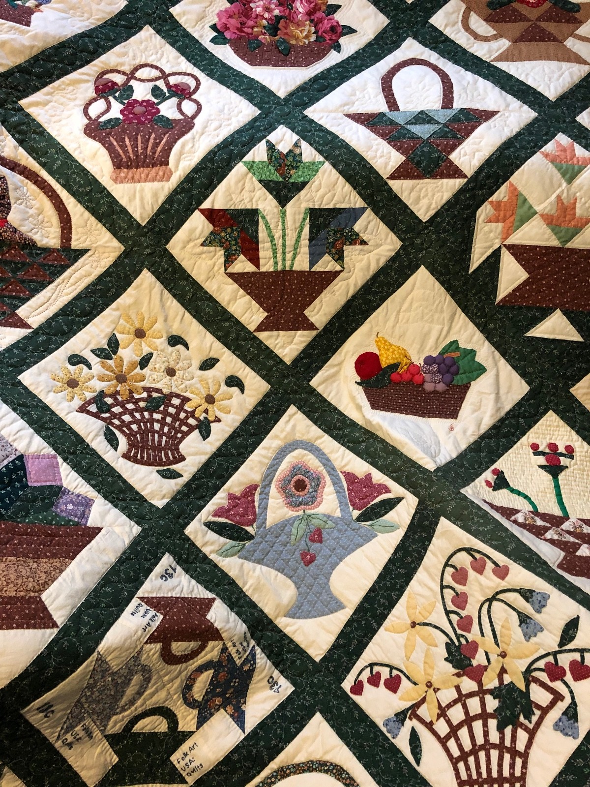 Hand-Quilted Applique Baltimore Basket Queen-Sized Quilt