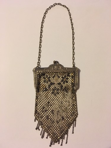 Antique French Lush Fringed Glass Bead Flapper Purse, Paisley Evening Bag, Gold, Silver 12.5 Long