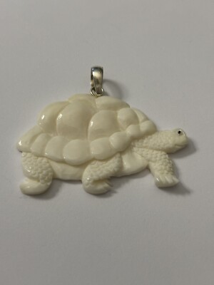 Sterling Hand Carved Turtle Pendant Large