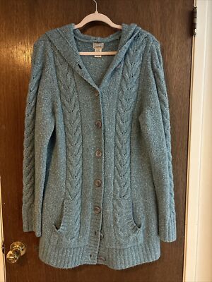 ll bean womens large reg duster button front hooded cardigan sweater wool blend 