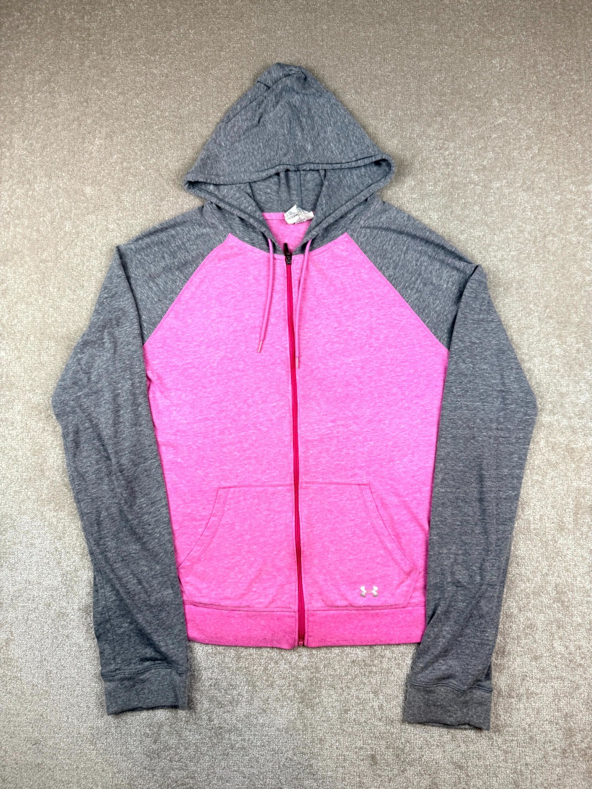 Under Armour Hoodie Women's Pink Grey Solid Long Sleeve Pockets Full Zipper