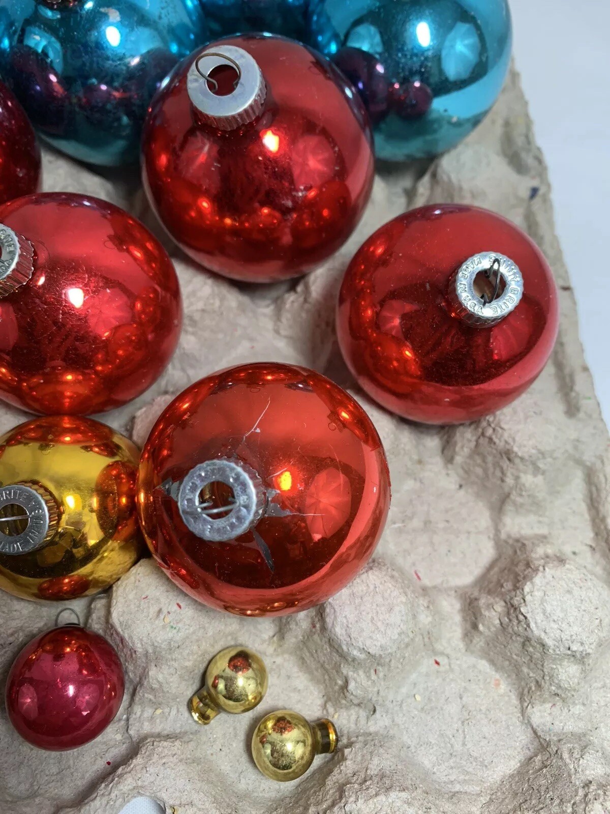 Vintage Mercury Glass Shiny Brite Christmas Ornaments Blue Red Yellow Lot of 18