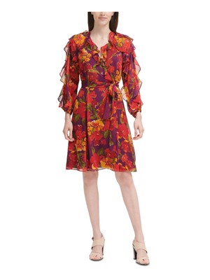 

CALVIN KLEIN Женское красное шифоновое платье с длинными рукавами-фонариками, короткое платье с запахом из искусственной кожи, Красный