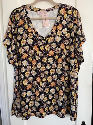 NWT Philosophy Knit Boho Top Shirt Tee Blouse Tunic Plus Sz 1X 2X Black Floral