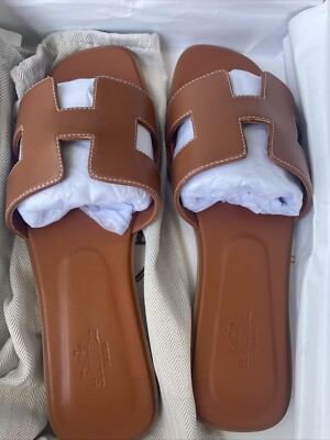 Hermes Brown Gold Oran Sandals Size 38 EU  7.5