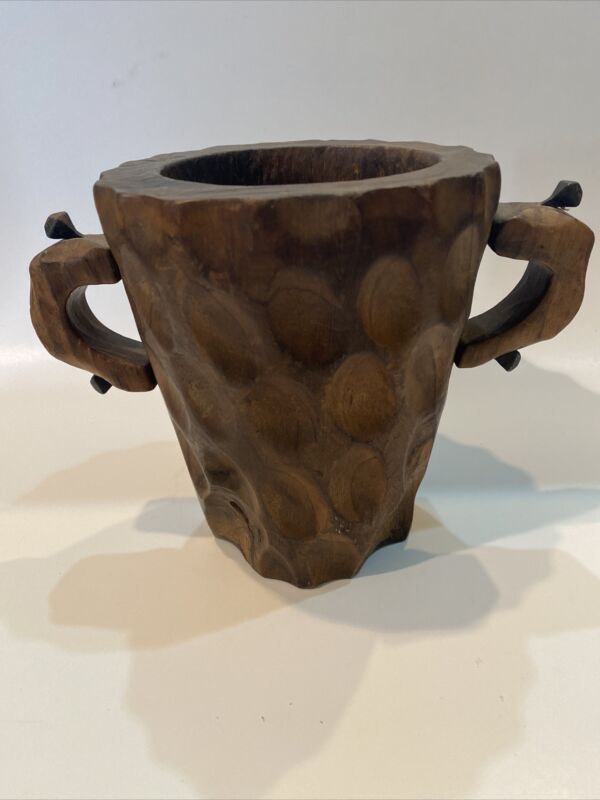 Hand Carved Dark Wood Beer Mug Made In Spain Vintage Folk Art 6.25 Inch Planter