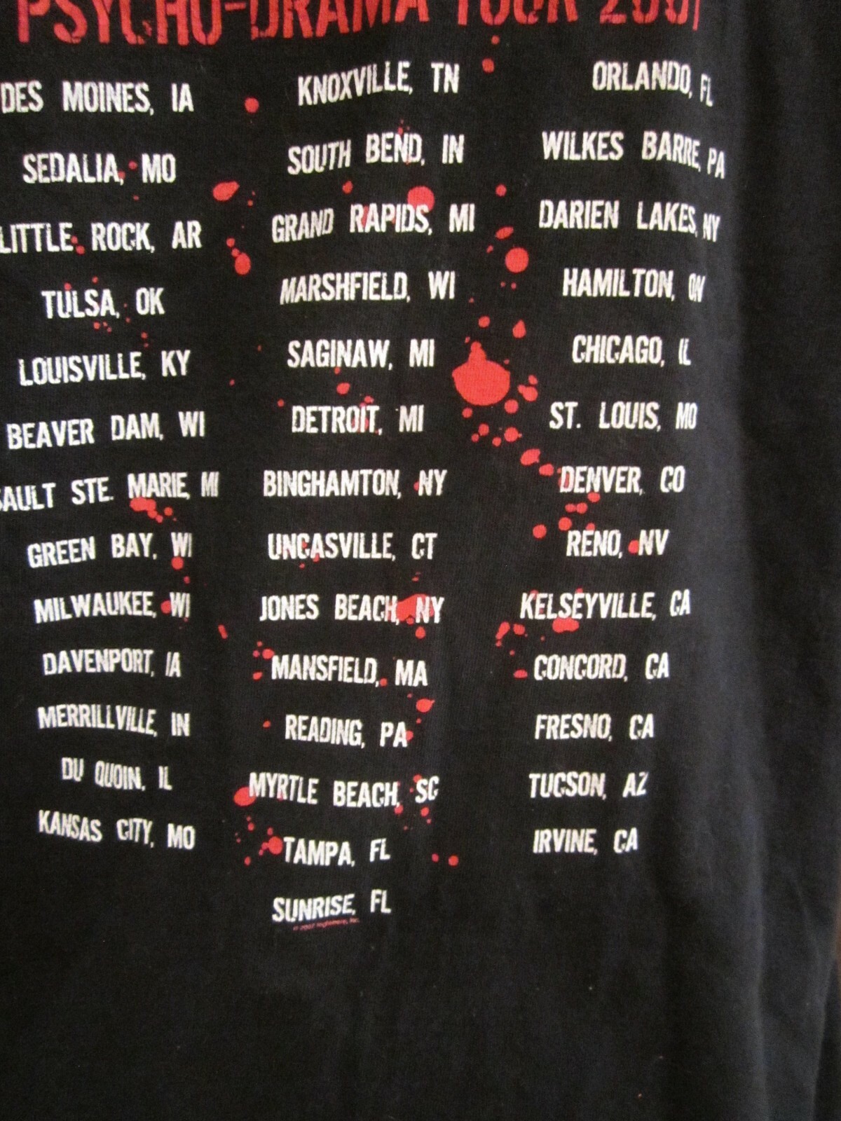 Alice Cooper 2007 tour t-shirt  cities listed on back