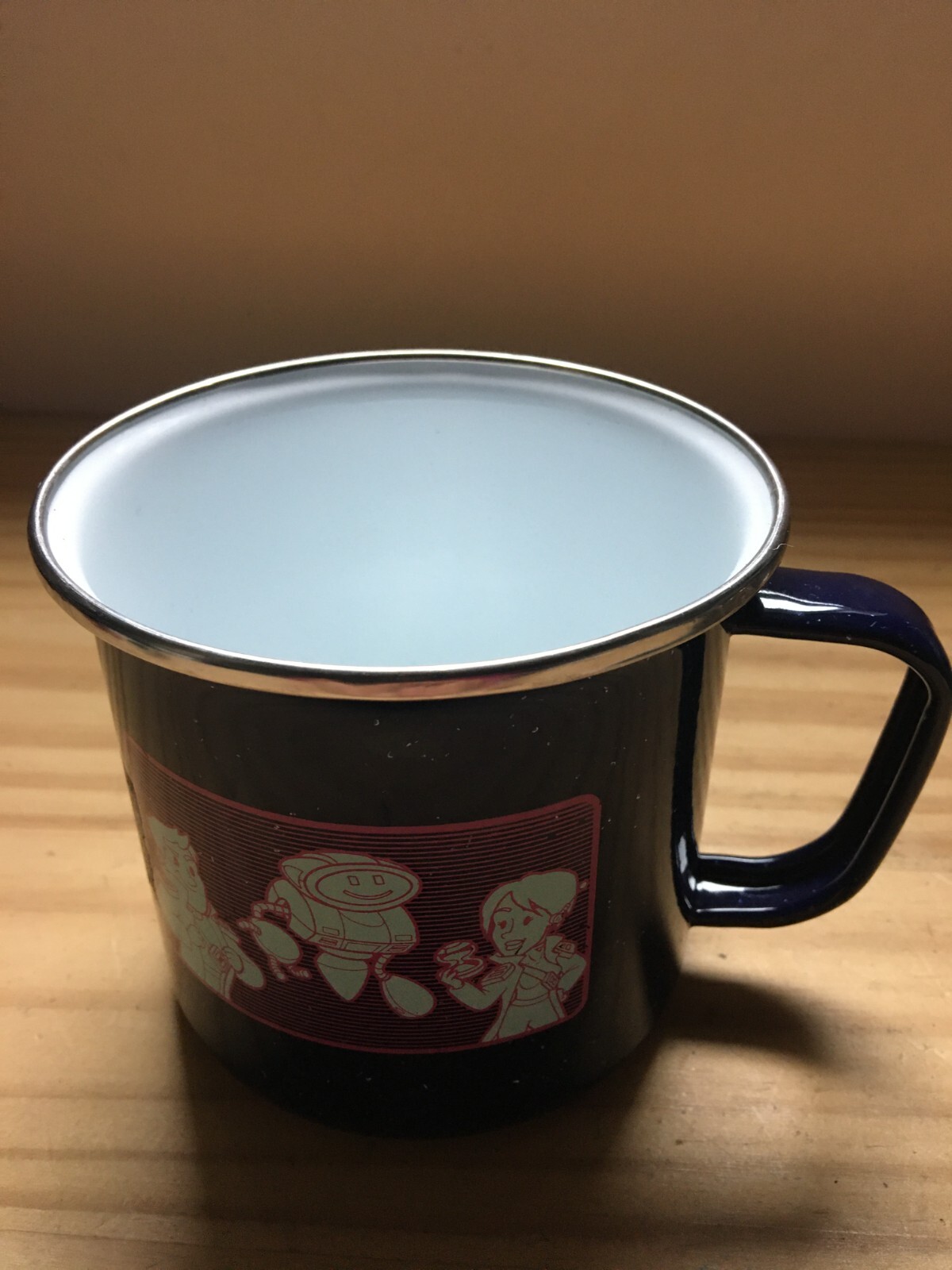Adventure AGES Comic Graphic Blue Enamel Metal Mug Cup w/ Handle 4.25