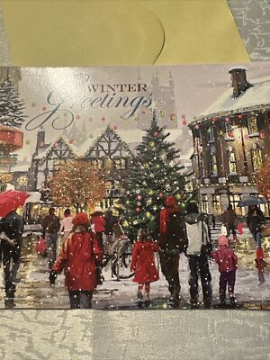 Vtg Unused Christmas Card W/env Glitter City Street Shoppers Tree European