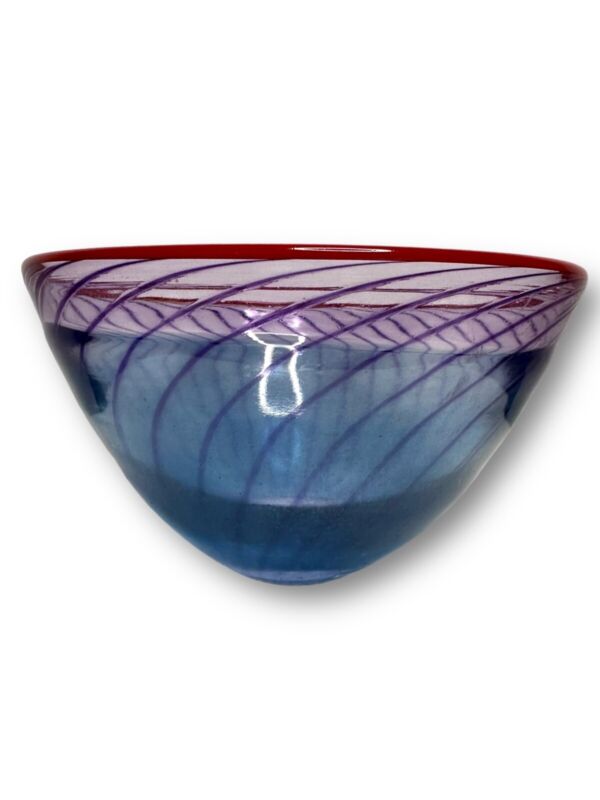 Kosta Boda Bon Bon Glass Bowl Blue/Purple w Red rim Signed Kjell Engman 59061