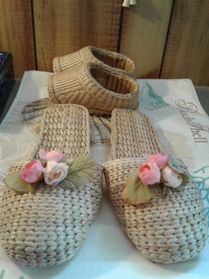 Vintage Chinese Woven Braided Straw Hand woven Shoes. One pair kids. One Adult.