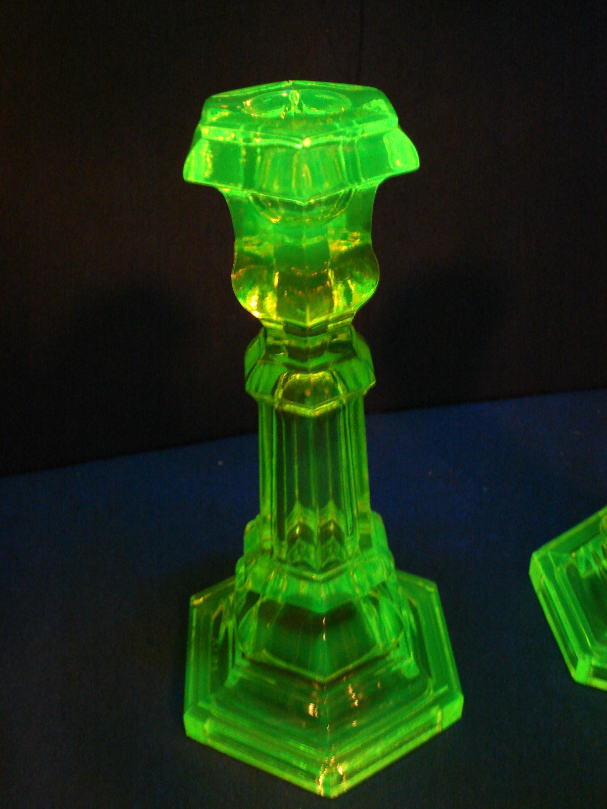 vaseline uranium sandwich glass candlestick holders by imperial marked m.m.a.