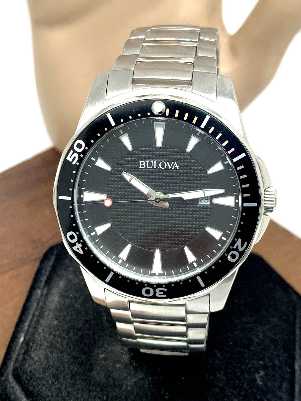 Bulova Men's Watch 98B328 Quartz Black Dial Date Silver Stainless