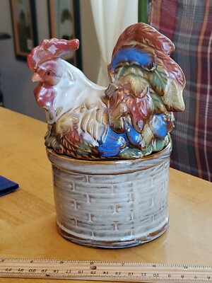Vintage Farmhouse Rustic Rooster on a Basket 7.5''×6'' Kitchen Canister EUC