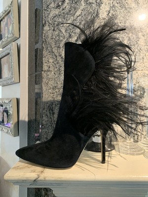 Paul Andrew 37.5 Black suede And Feather Boot NIB Retail $1200.