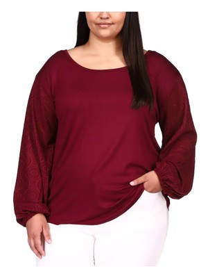 

MICHAEL MICHAEL KORS Женская бордовая блузка с длинным рукавом и круглым вырезом Plus, Burgundy