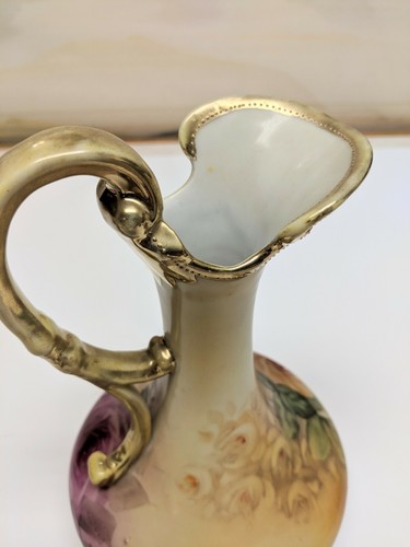 Tall Hand Painted Porcelain Ewer Pitcher Roses Gold Accents Unmarked 9 1/2