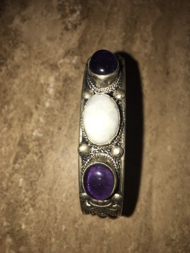 Vintage  Silver  cuff  Bracelet 2  Amethyst  & Moon stone 7” Long 1/2” Wide