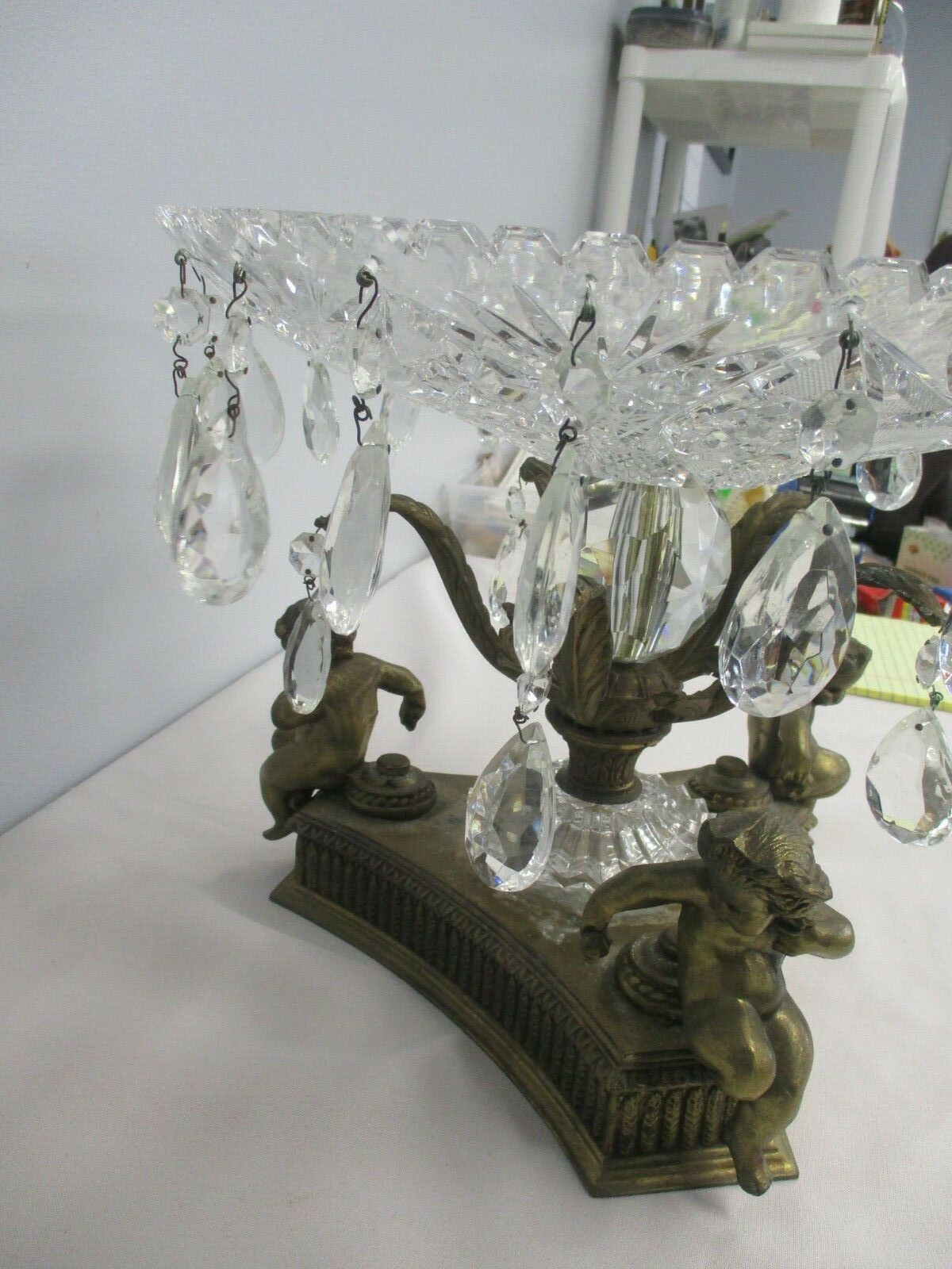 ANTIQUE HEAVY CRYSTAL CENTERPIECE BOWL with CHERUB BASE & DANGLE PRISMS 13 1/2